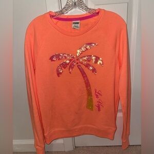 PINK Victoria's Secret neon peach Sequin Palm Tree Las Vegas Sweatshirt